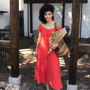 Reformation Mariposa Off The Shoulders Button Front Linen Tencel Midi Dress